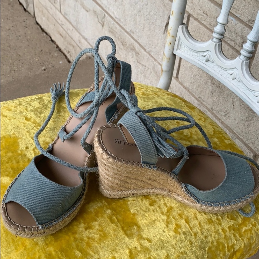🌈 Denim sandal wedge rope tie fringe sandal